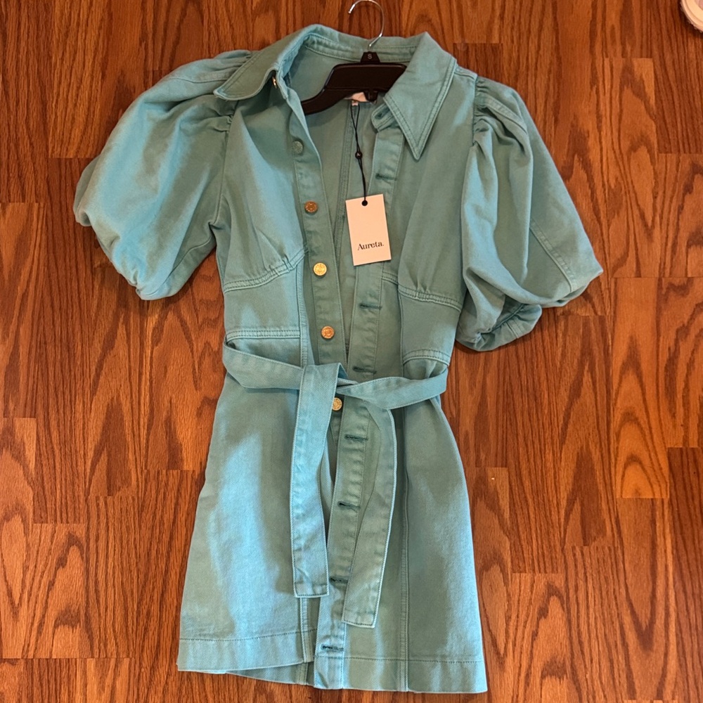 Aurelia Kids Aqua Dress with Belt and Puff Sleeves
